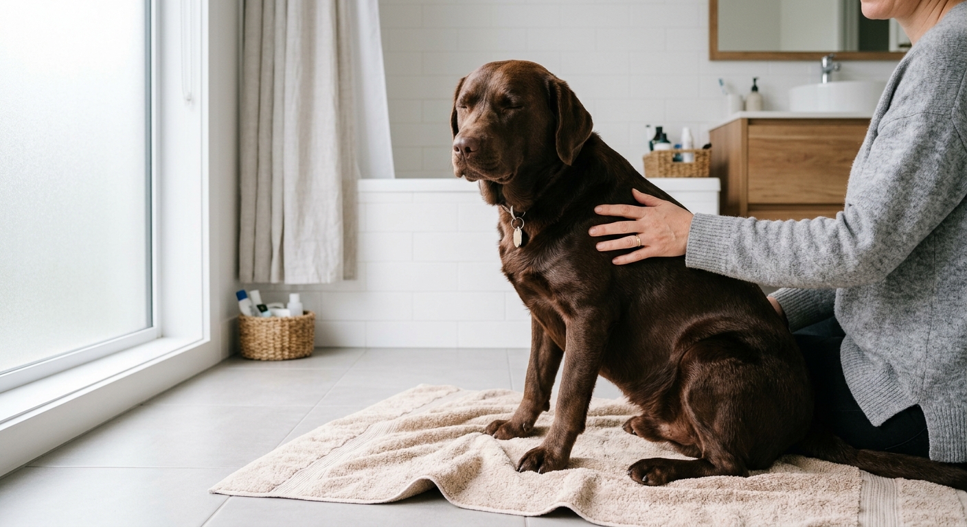A calm healthy Labrador dog being gently soothed by its owner's hand resting on its back, sitting on a soft towel in a bright clean bathroom, soft natural light, relaxed comfortable dog, shiny healthy coat, photorealistic lifestyle photo, no text