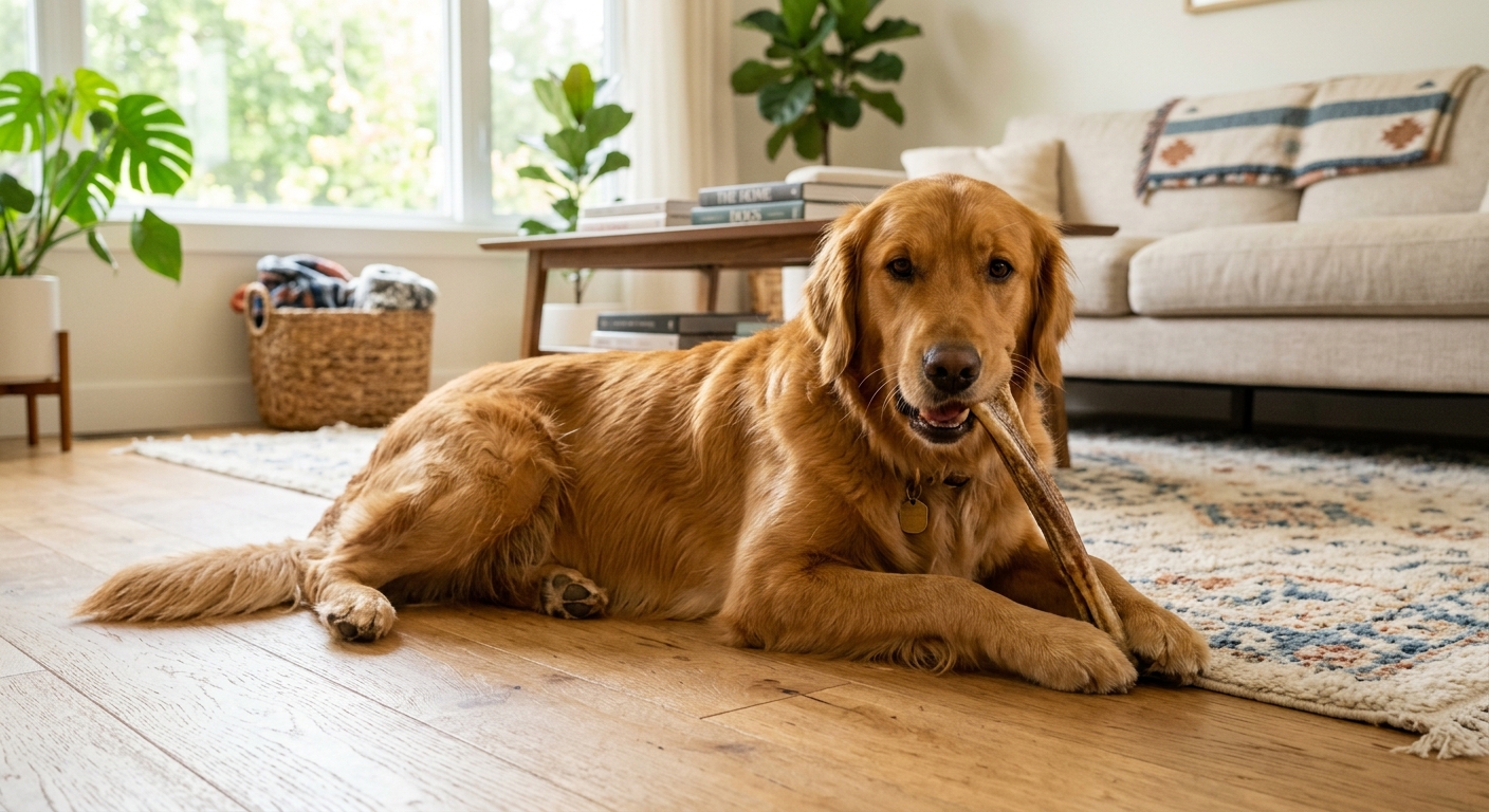 A happy golden retriever lying on a light wood floor in a cozy bright living room, calmly chewing a natural beef collagen chew stick, soft natural window light, photorealistic lifestyle photo, warm home interior, shiny healthy coat, no text