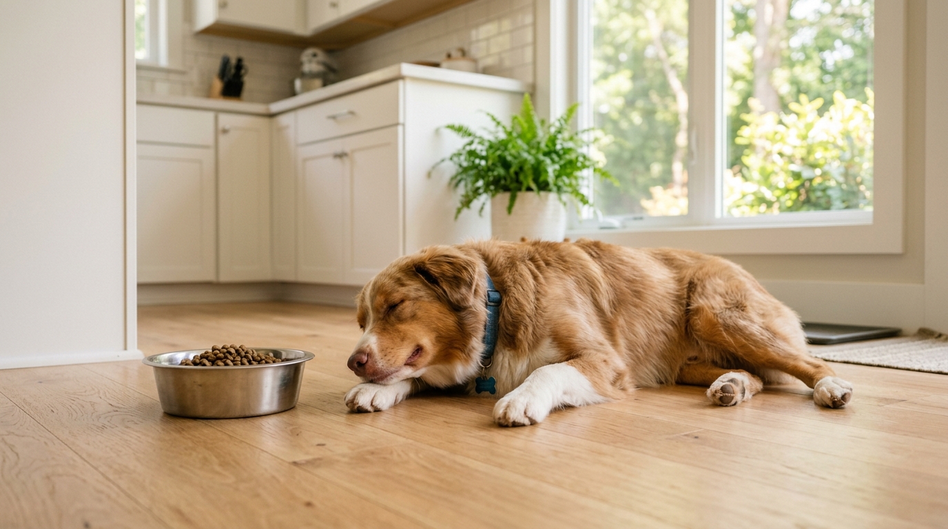 A happy healthy medium-sized dog lying contentedly on a clean light wood kitchen floor next to a stainless steel food bowl, soft natural window light, photorealistic, shallow depth of field, warm clean modern home, no text, 16:9