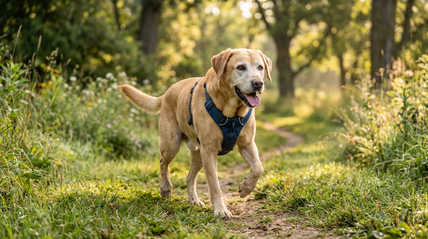 A healthy active older Labrador retriever walking on a grassy park trail in soft morning sunlight, mid-stride and energetic, photorealistic, shallow depth of field, warm natural outdoor setting, no text, 16:9