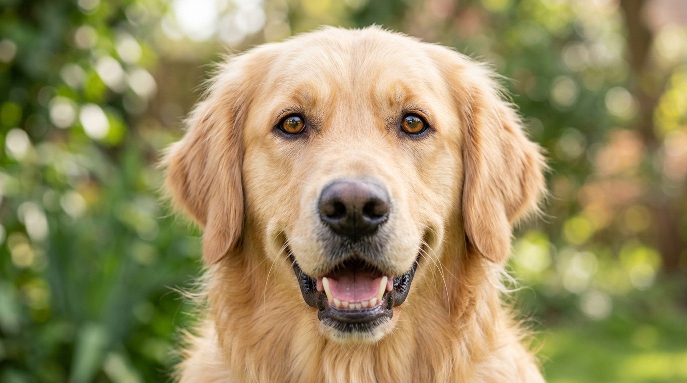 Photorealistic 16:9 close-up image of a happy dog with bright clear healthy eyes looking at the camera, soft natural light, clean background, editorial wellness photography, no text, no watermark.