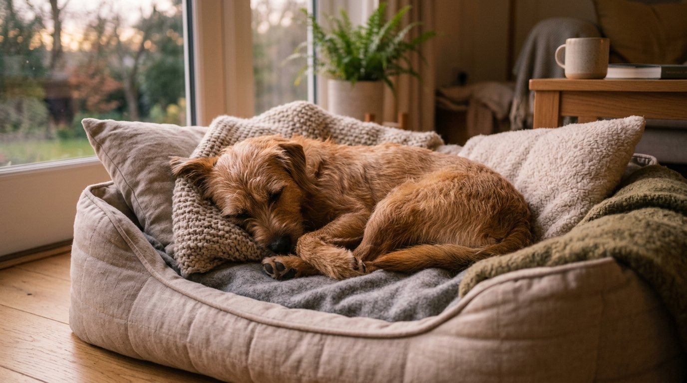 Photorealistic 16:9 image of a dog peacefully sleeping curled up on a cozy bed in warm soft evening light, calm and restful mood, editorial wellness photography, no text, no watermark.