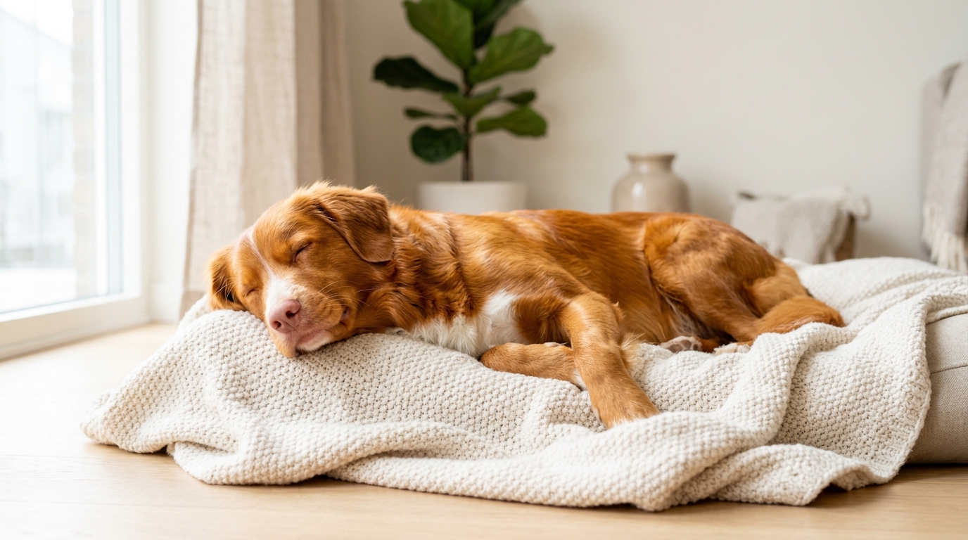 Photorealistic 16:9 image of a dog with a healthy shiny coat relaxing comfortably on a soft blanket, bright clean background, soft natural light, editorial wellness photography, no text, no watermark.