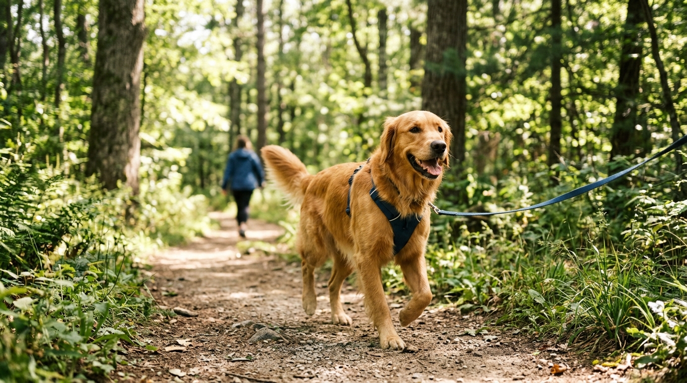 Photorealistic 16:9 image of a happy active dog walking outdoors on a sunny trail, healthy and energetic, soft natural light, editorial wellness photography, no text, no watermark.