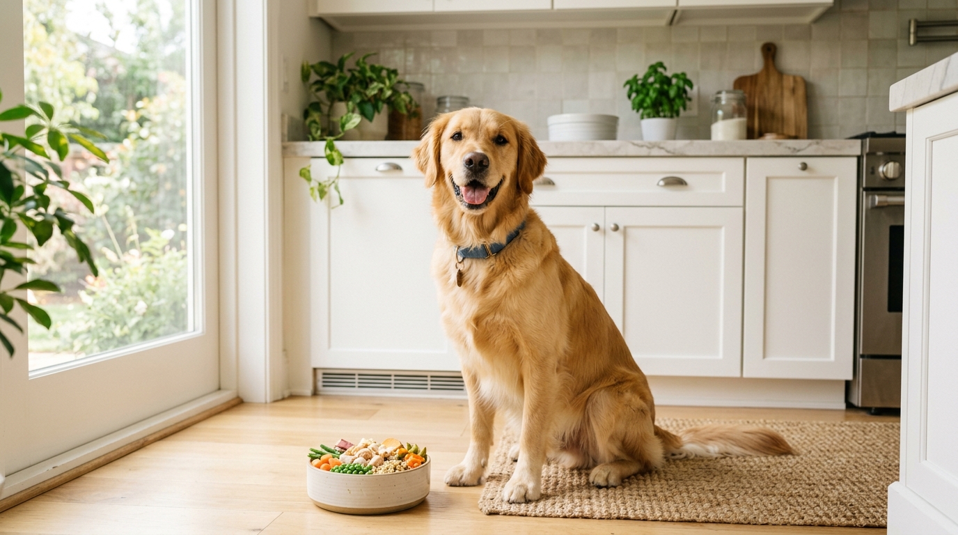 Photorealistic 16:9 image of a happy dog sitting beside a bowl of healthy food in a bright clean kitchen, soft natural light, editorial wellness photography, no text, no watermark.