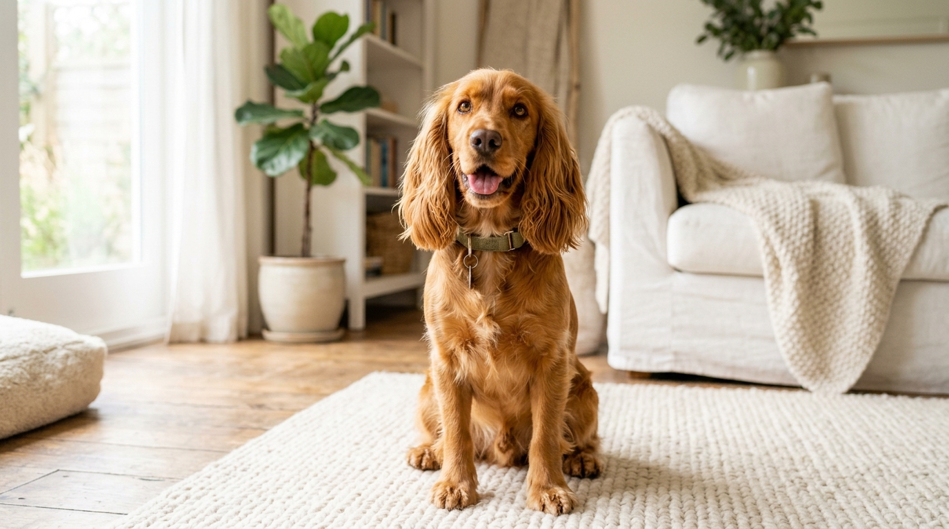 Photorealistic 16:9 image of a happy floppy-eared dog like a cocker spaniel sitting in bright soft natural light, clean home background, editorial wellness photography, no text, no watermark.