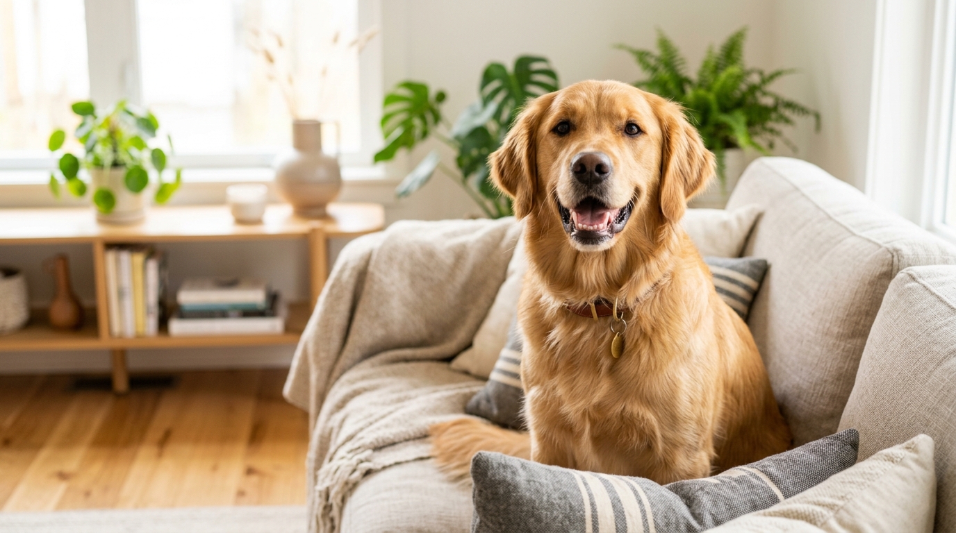 Photorealistic 16:9 image of a happy healthy dog smiling with clean white teeth, bright clean home background, soft natural light, editorial wellness photography, no text, no watermark.