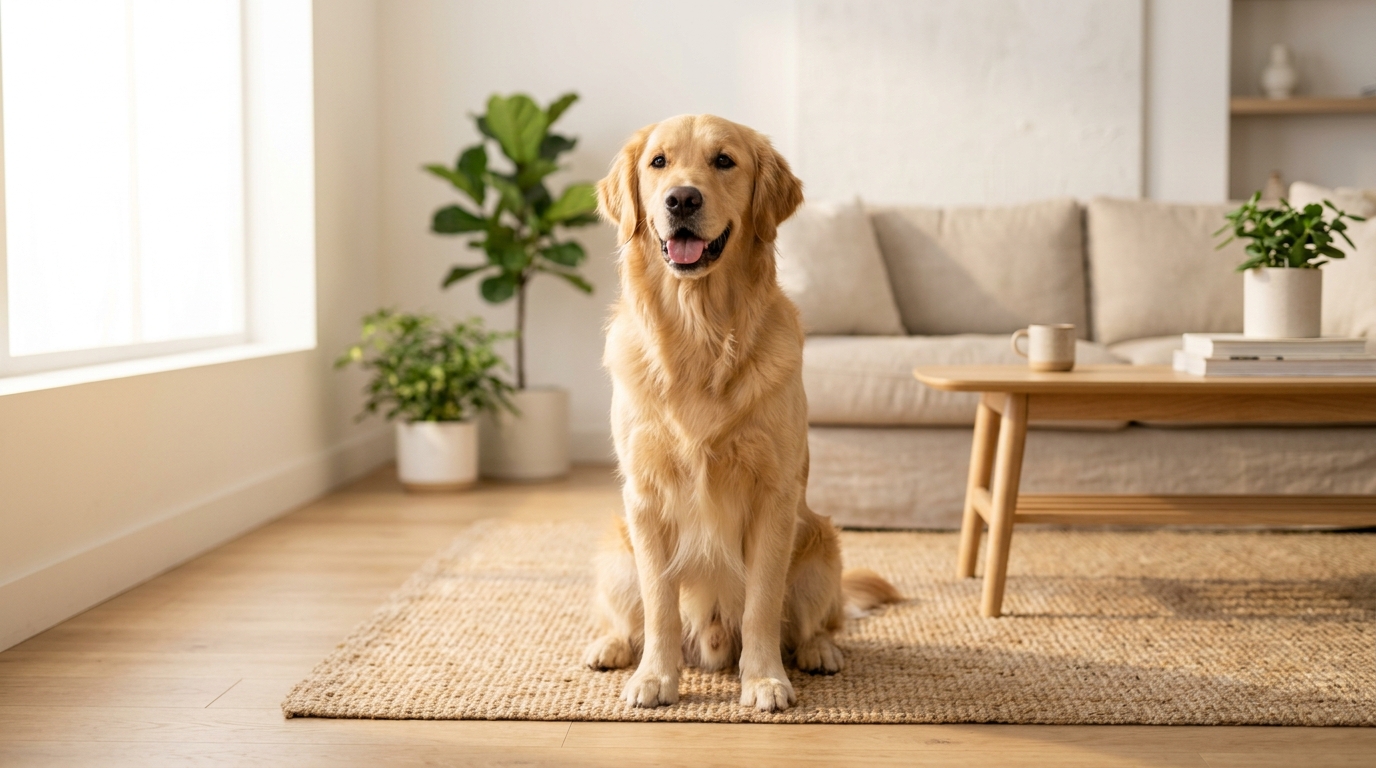 Photorealistic 16:9 image of a happy, healthy golden retriever sitting in soft warm morning light, clean bright minimal home background, editorial lifestyle wellness photography, shallow depth of field, no text, no watermark.