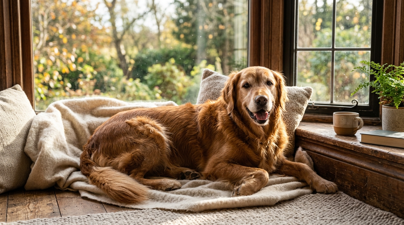 Photorealistic 16:9 image of a happy senior dog with a glossy healthy coat resting in soft warm light by a window, premium editorial wellness photography, no text, no watermark.