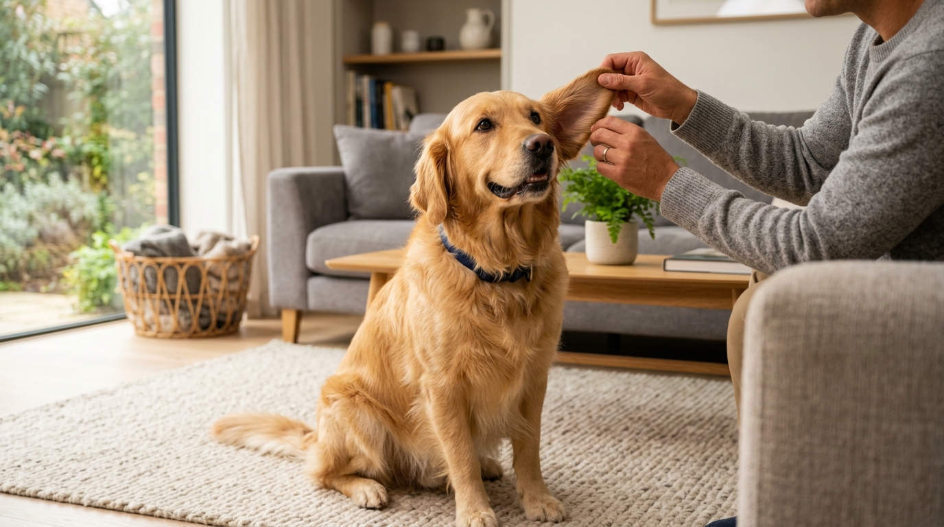 Person gently checking a calm golden retriever’s ear at home