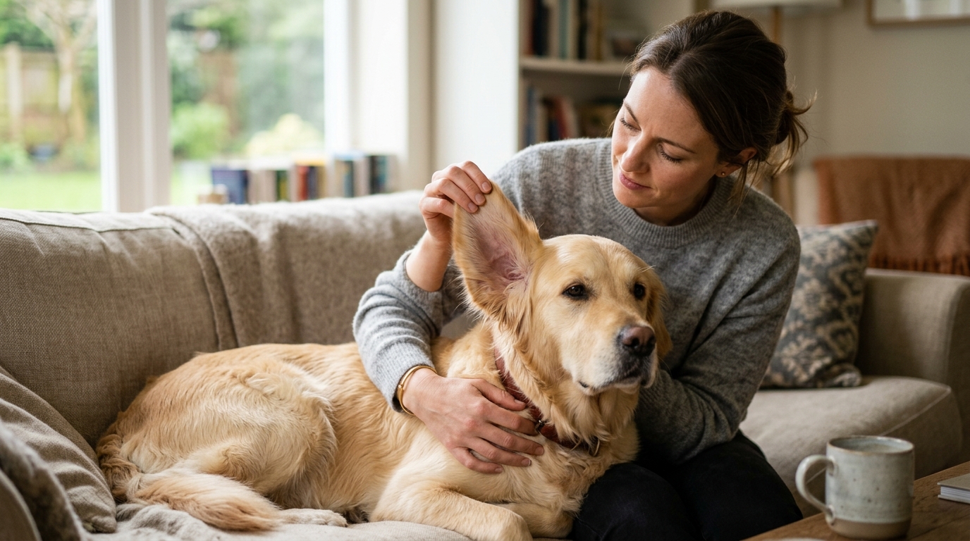Owner gently inspecting a calm golden retriever’s ear at home on a sofa