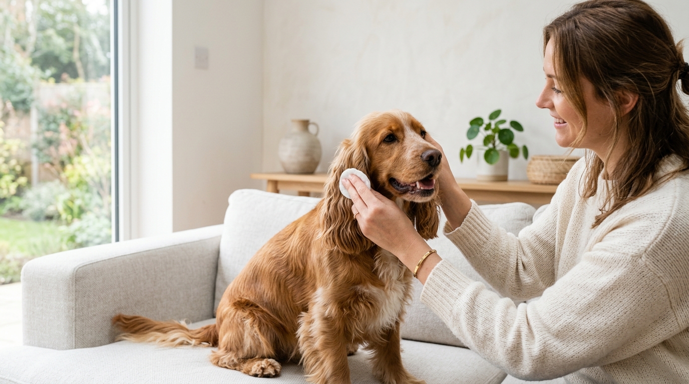 Photorealistic 16:9 photo of a happy floppy-eared cocker spaniel having its ear gently cleaned by an owner with a cotton pad, bright clean minimal home background, soft natural light, editorial lifestyle photography, wholesome and premium, no text, no watermark