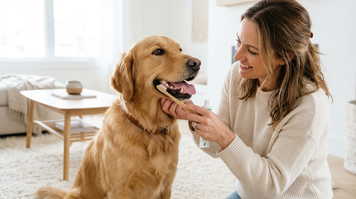 Photorealistic 16:9 photo of a happy healthy golden retriever with clean white teeth, owner gently caring for its mouth at home, bright clean minimal background, soft natural light, editorial lifestyle photography, wholesome and premium, no text, no watermark