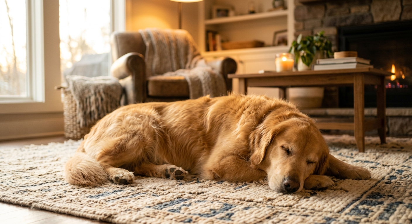 Photorealistic photo of a calm, relaxed golden retriever resting peacefully on a cozy living room rug in soft warm evening light, serene and content mood, shallow depth of field, no text, no words, no letters