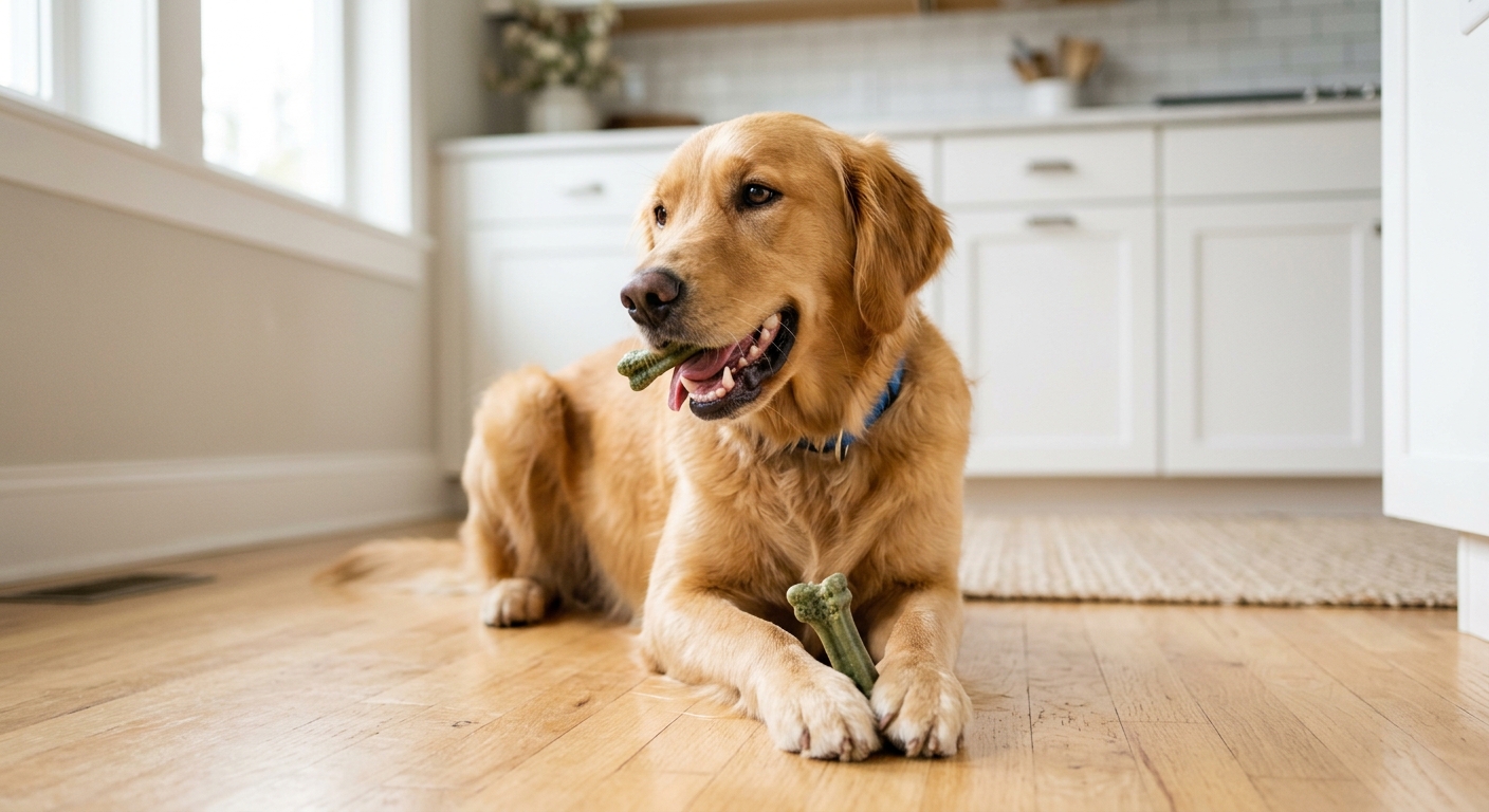 Photorealistic photo of a happy healthy medium-size dog chewing a small dental chew treat on a clean bright kitchen floor, soft natural daylight, healthy clean teeth, cheerful mood, shallow depth of field, no text, no words, no letters