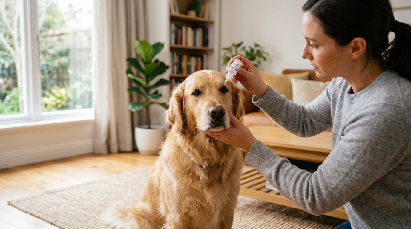 Photorealistic wide 16:9 photo, no text: a calm golden retriever having gentle eye drops applied by a caring owner's hand at home, soft natural window light, shallow depth of field, clean bright living room background