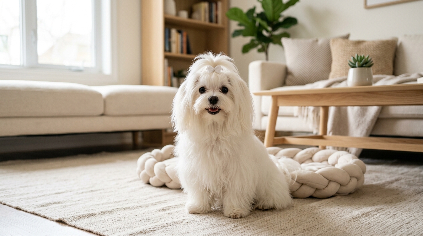 Photorealistic wide 16:9 photo, no text, a cute white Maltese dog with bright clean eyes and a clean white face free of tear stains, sitting in a bright home, soft natural light, editorial pet wellness photography, shallow depth of field, no watermark