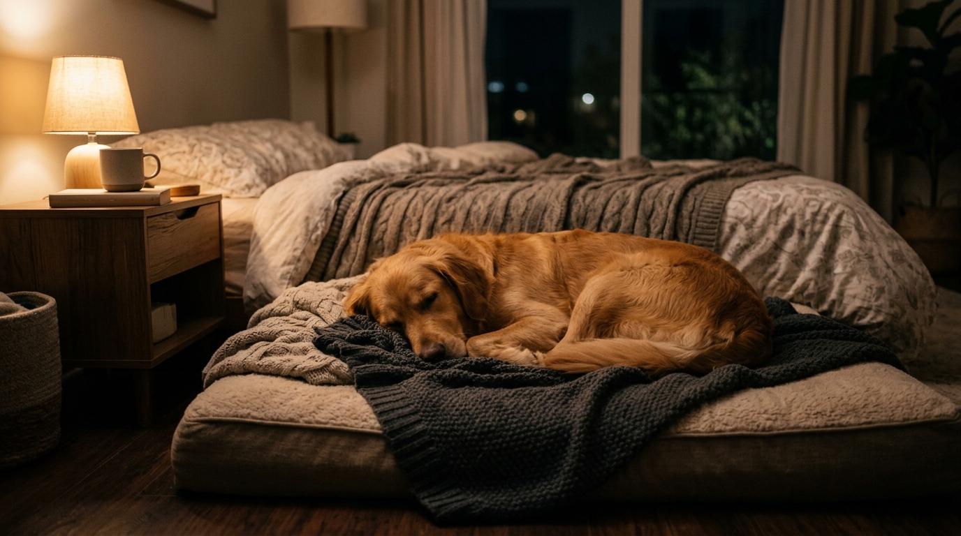Photorealistic wide 16:9 photo, no text, a dog sleeping peacefully curled up on a cozy bed at home at night, calm and restful, warm soft dim light, editorial pet wellness photography, shallow depth of field, no watermark