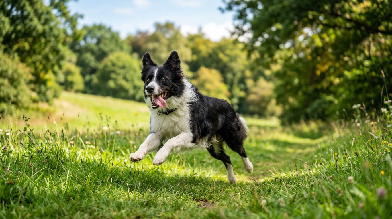 Photorealistic wide 16:9 photo, no text, a happy healthy adult Border Collie running through a green park mid-stride, joyful energy, bright natural daylight, clean blurred background, editorial pet wellness photography, shallow depth of field, no watermark