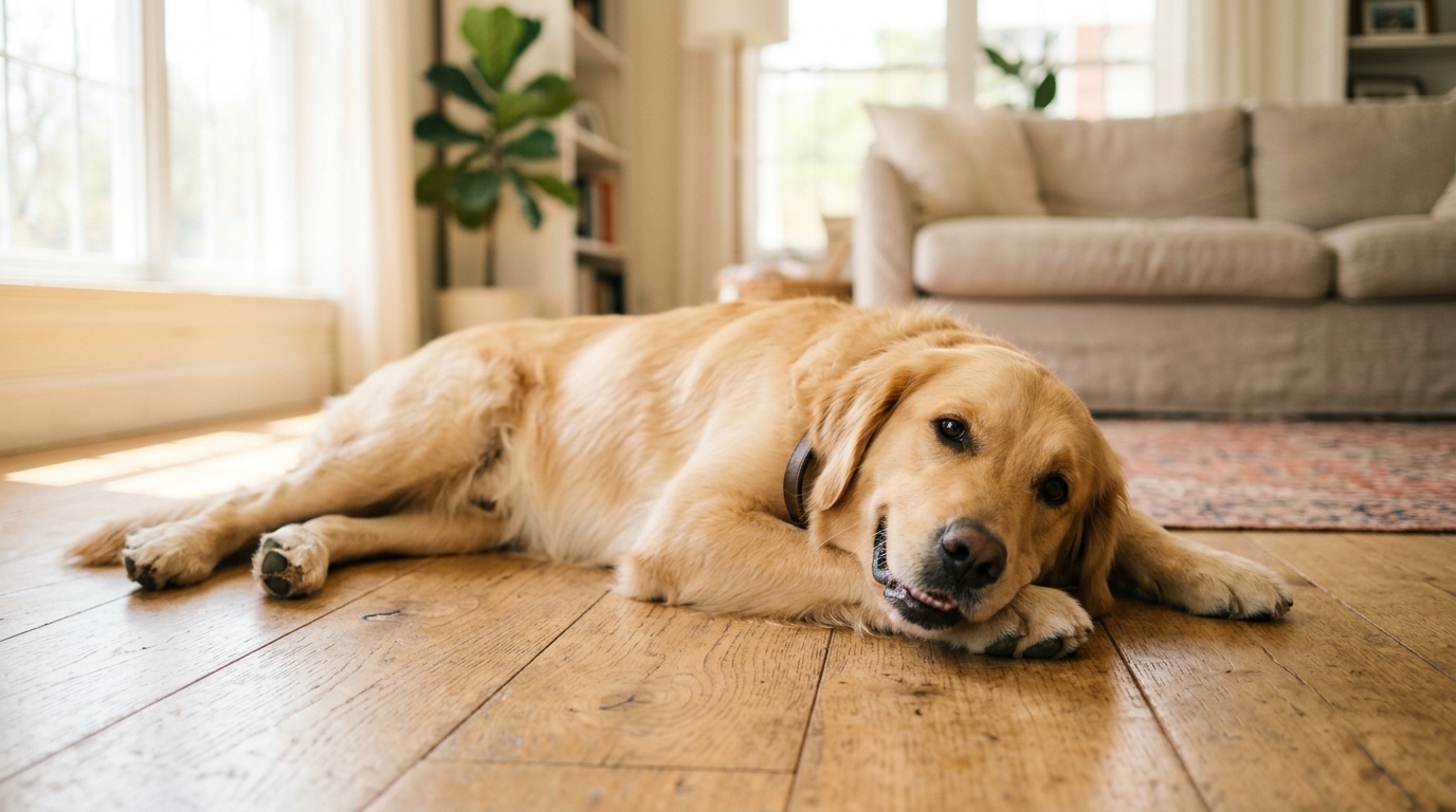 Photorealistic wide 16:9 photo, no text, a happy healthy clean dog lying comfortably on a wood floor with clean fresh paws, bright airy home, soft natural light, editorial pet wellness photography, shallow depth of field, no watermark