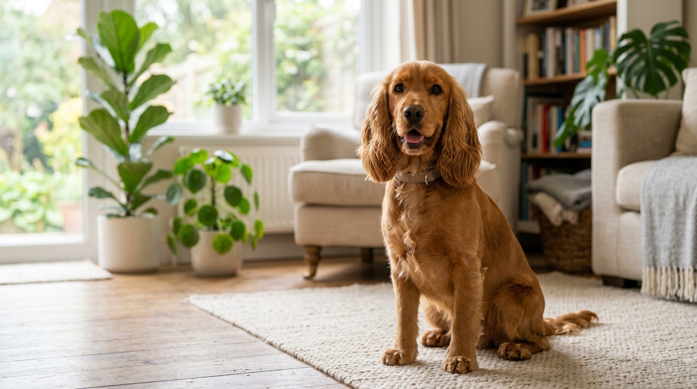Photorealistic wide 16:9 photo, no text, a happy healthy Cocker Spaniel with clean healthy ears sitting in a bright home, gentle and content, soft natural light, editorial pet wellness photography, shallow depth of field, no watermark
