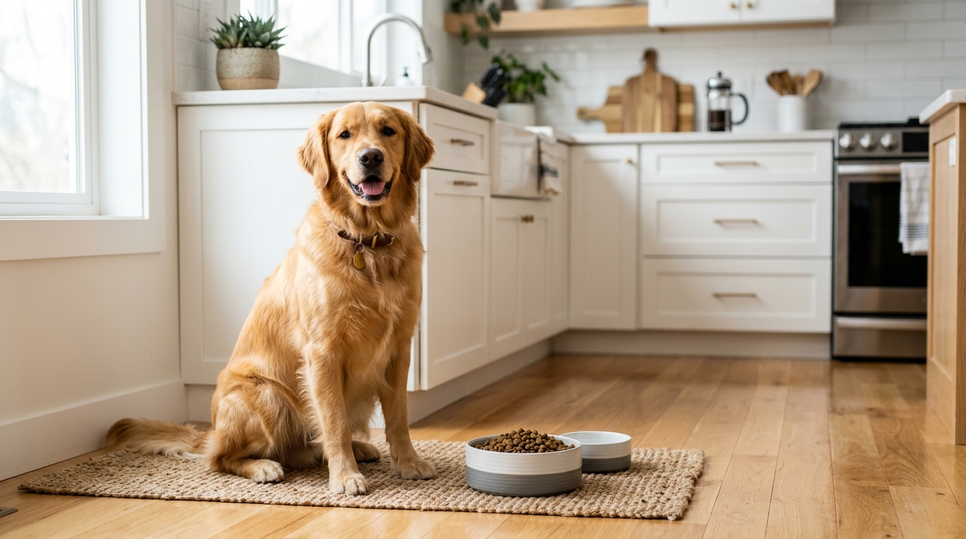 Photorealistic wide 16:9 photo, no text, a happy healthy dog sitting beside a food bowl in a bright clean kitchen, looking content, soft natural light, editorial pet wellness photography, shallow depth of field, no watermark