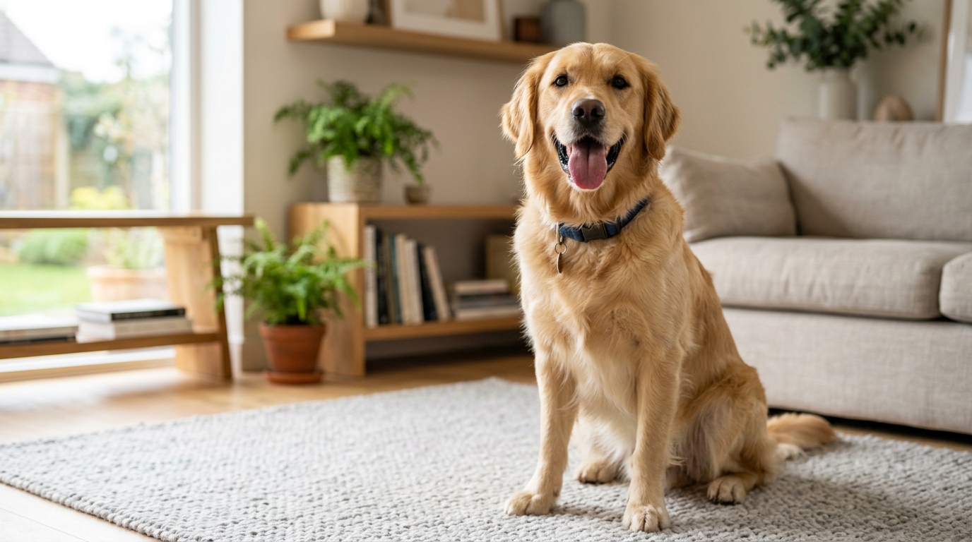 Photorealistic wide 16:9 photo, no text, a happy healthy dog with a bright clean smile and healthy white teeth, mouth open and tongue out, sitting in a bright home, soft natural light, editorial pet wellness photography, shallow depth of field, no watermark