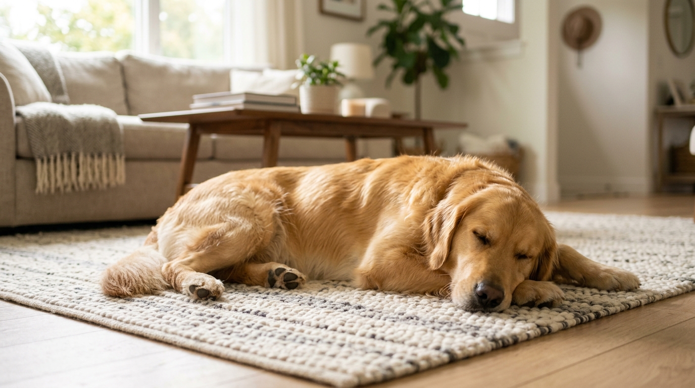 Photorealistic wide 16:9 photo, no text, a happy healthy dog with a soft shiny coat lying relaxed and comfortable on a clean rug at home, calm and content, soft natural light, editorial pet wellness photography, shallow depth of field, no watermark