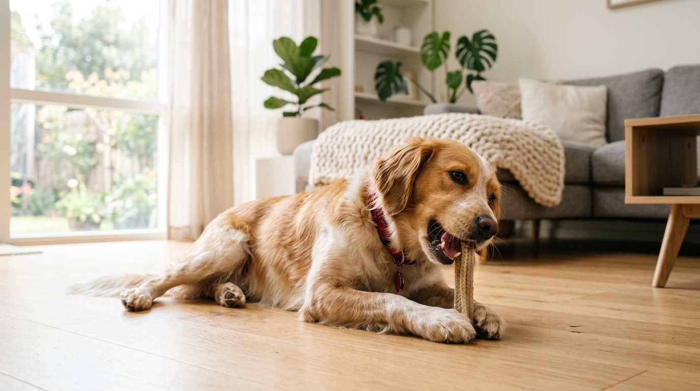 Photorealistic wide 16:9 photo, no text: a happy healthy medium-sized dog happily chewing a dental chew stick on a clean floor in a bright modern living room, soft natural window light, shallow depth of field, focus on the dog's mouth and the chew, warm and wholesome