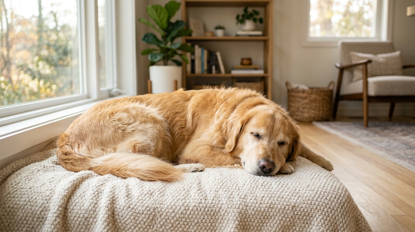 Photorealistic wide 16:9 photo, no text, a happy healthy senior golden retriever resting comfortably on a soft blanket in a bright clean living room, warm natural light, editorial pet wellness photography, shallow depth of field, no watermark