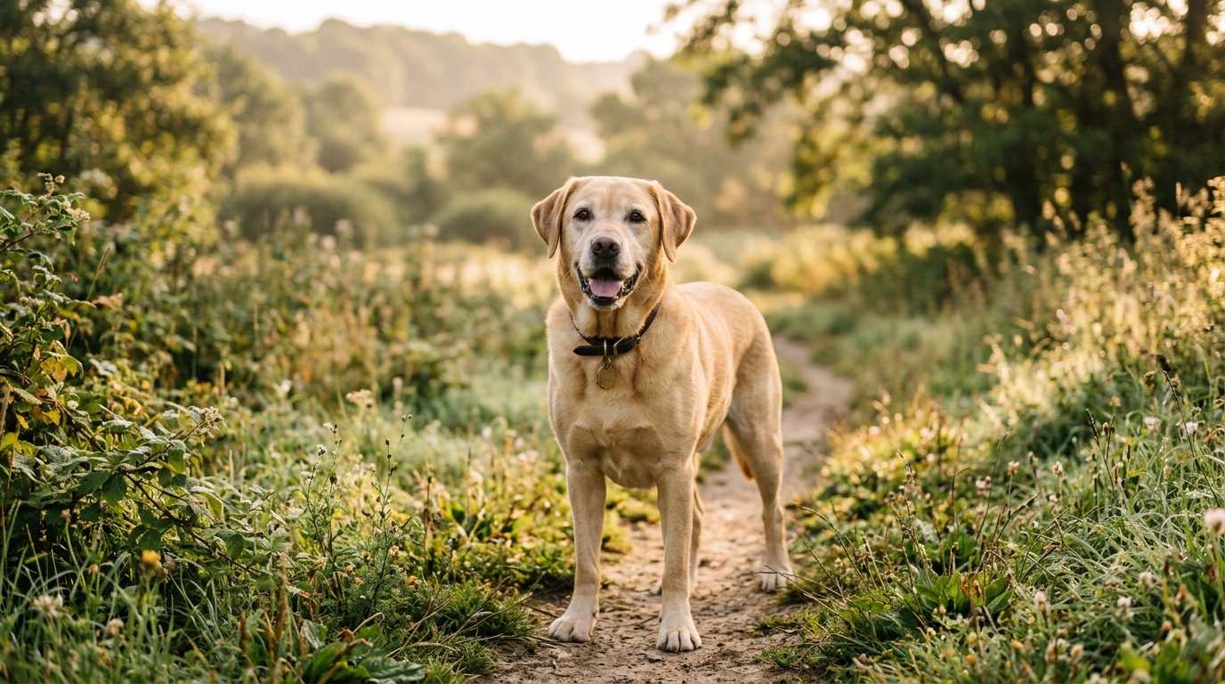 Photorealistic wide 16:9 photo, no text, a happy healthy senior Labrador standing outdoors in soft golden morning light, glossy coat, clean blurred natural background, editorial pet wellness photography, shallow depth of field, no watermark