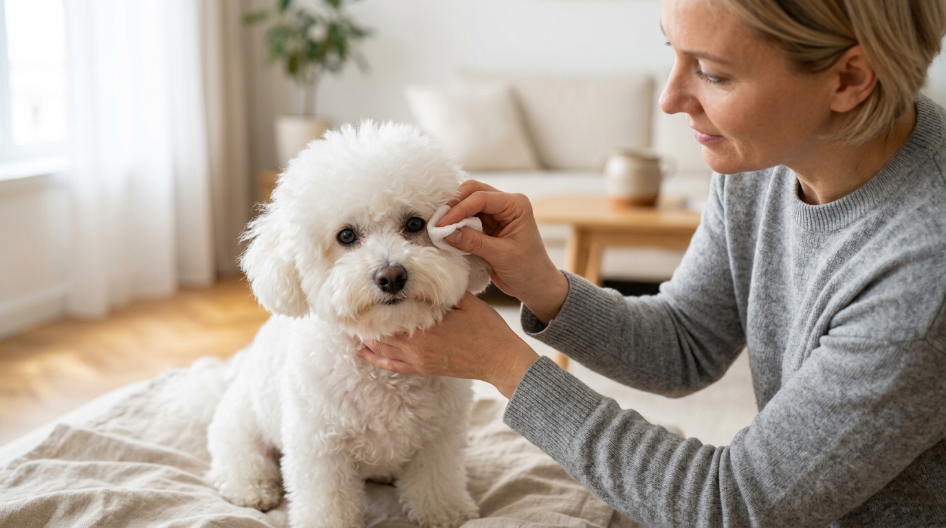 Photorealistic wide 16:9 photo, no text: a person gently wiping the eye area of a calm small fluffy white dog with a soft cotton pad, bright clean home setting, soft natural light, close-up on the dog's face, shallow depth of field, caring and gentle mood