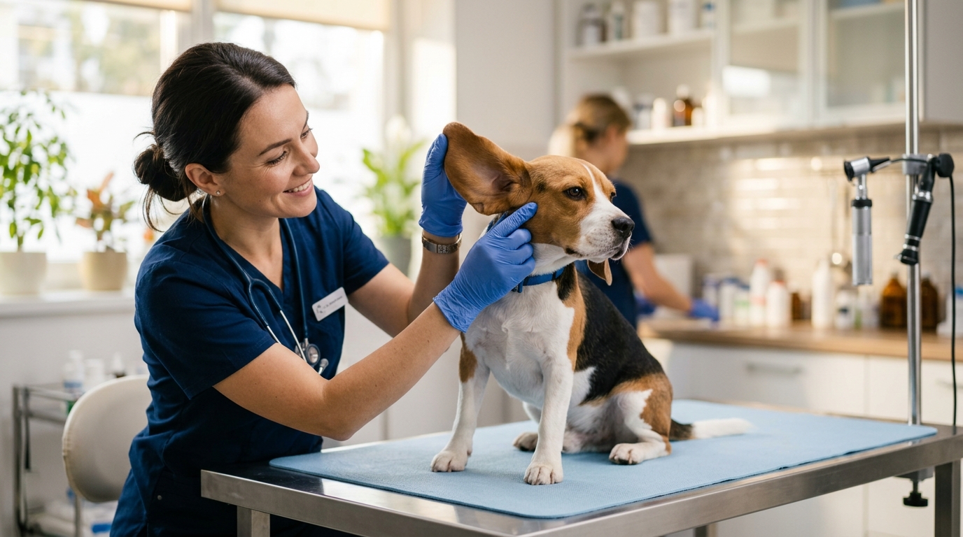 Photorealistic wide 16:9 photo, no text: close-up of a veterinarian gently examining the ear of a beagle dog in a bright clinic, lifting the ear flap, soft professional lighting, clean background, warm and reassuring mood