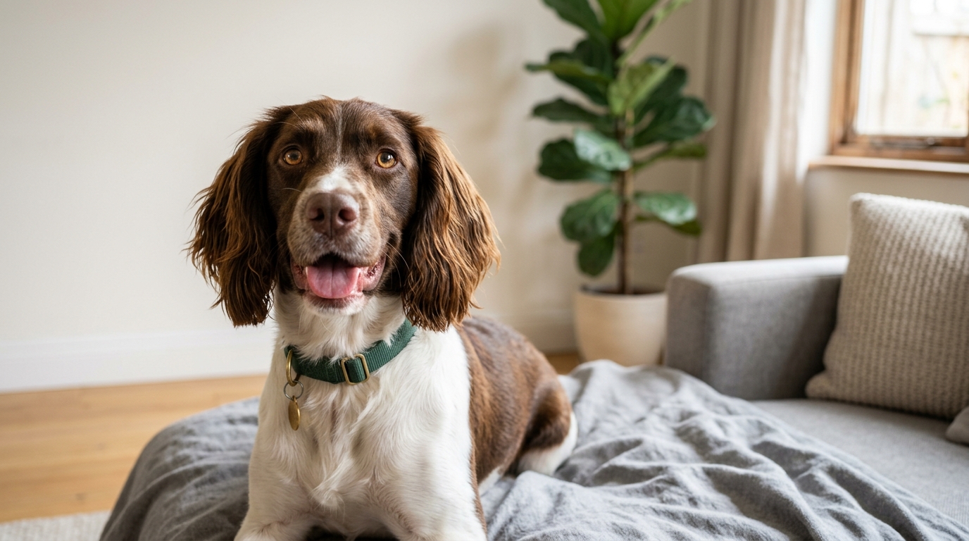 Photorealistic wide 16:9 photo, no text, close-up portrait of a happy healthy medium-sized dog with bright clear eyes, soft natural window light, clean minimal home background, editorial pet wellness photography, shallow depth of field, no watermark